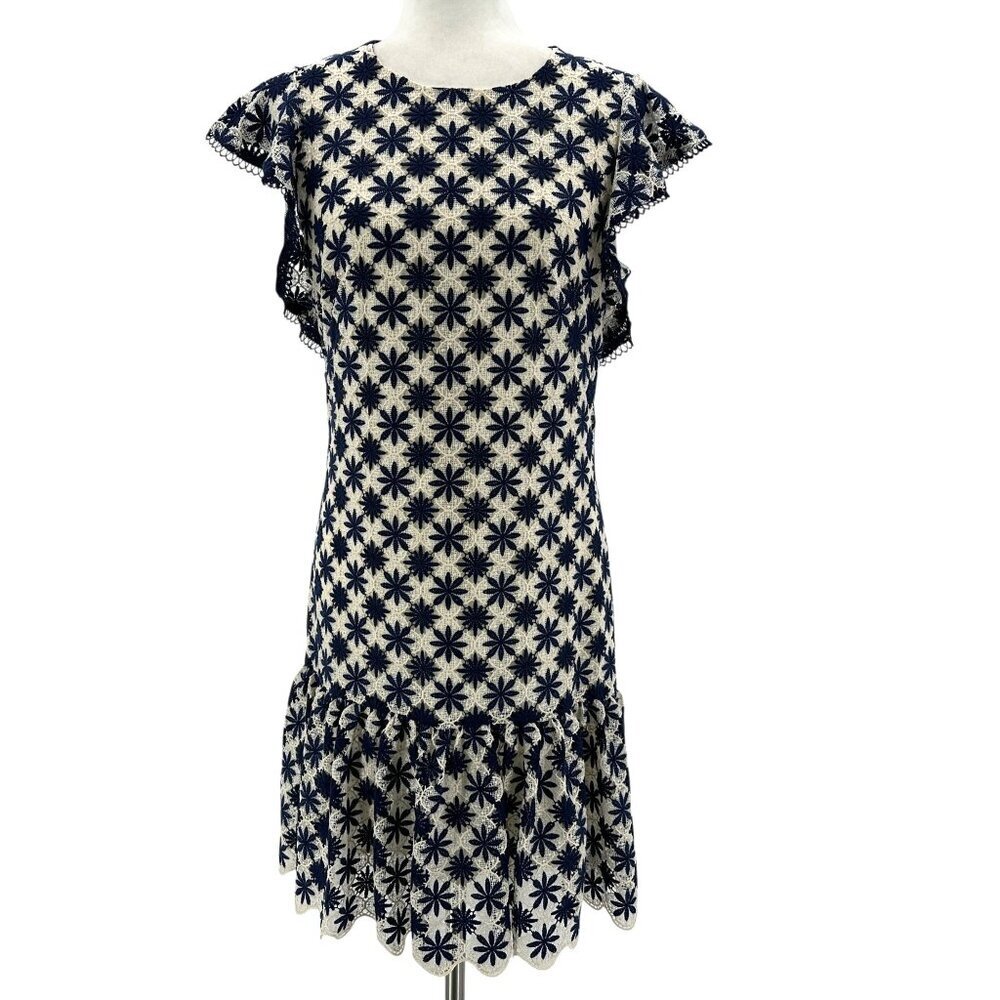 Shoshanna Womens 6 Dress Kassia Mini Embroidered Floral Lace Navy Ivory